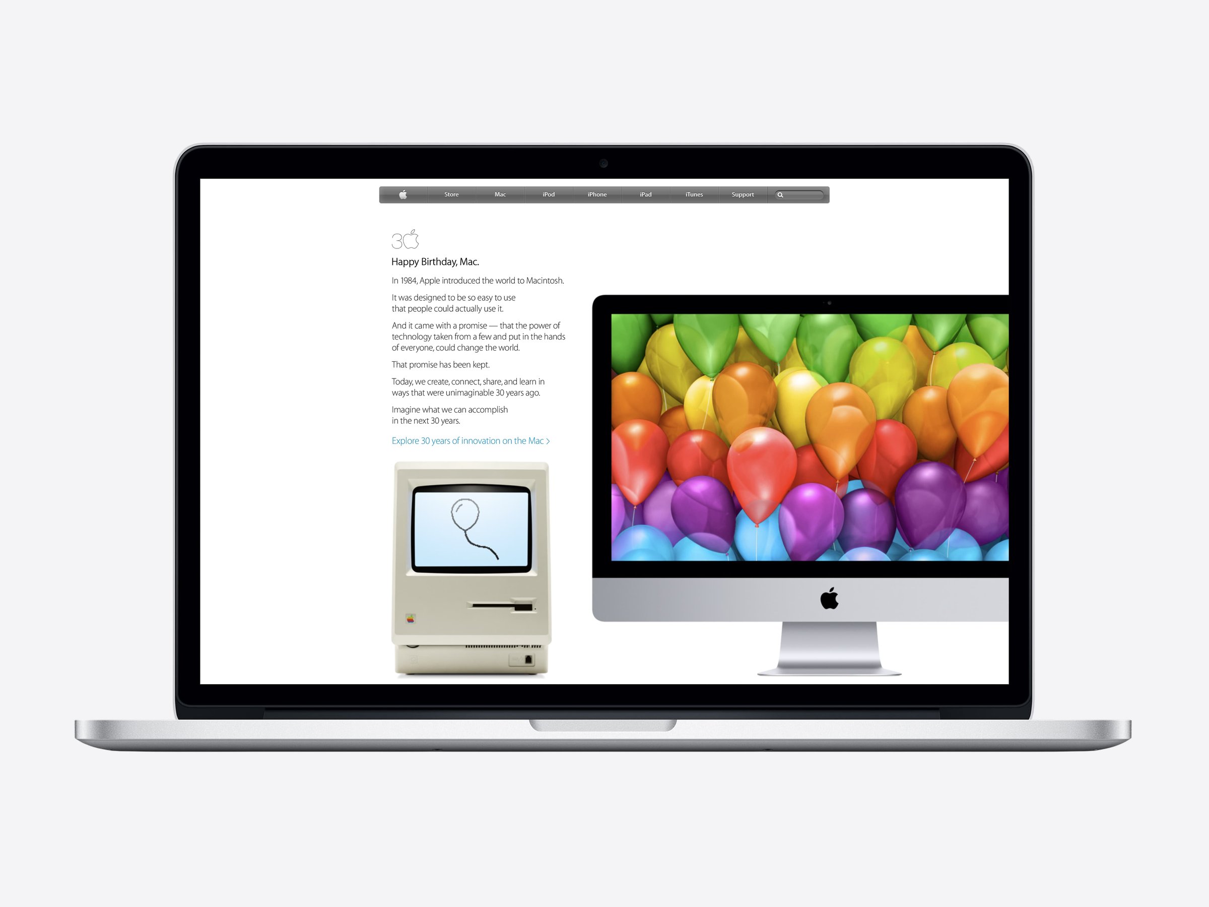 The apple.com homepage: Happy Birthday, Mac, with the original Macintosh beside an iMac
