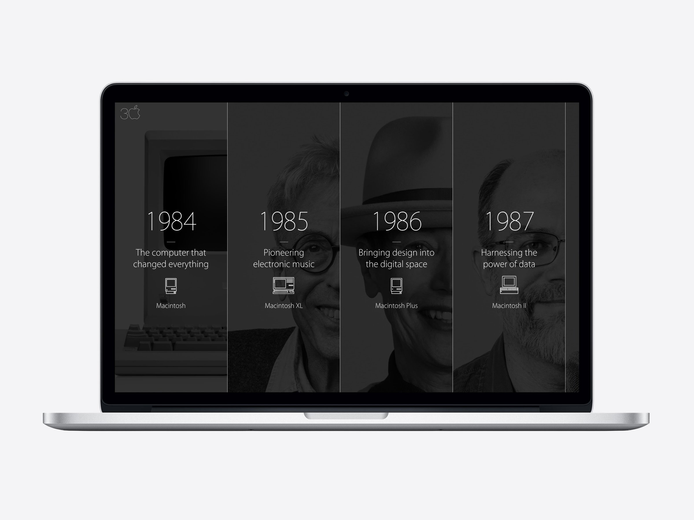 The Mac timeline: 1984 through 1987, each year paired with a pioneer and their Mac